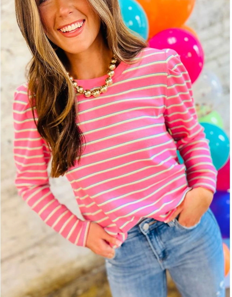 Rose Stripe Textured Knit Round Neck Long Sleeve Top