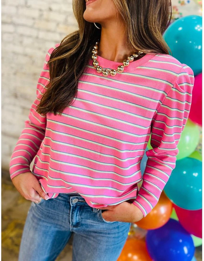 Rose Stripe Textured Knit Round Neck Long Sleeve Top