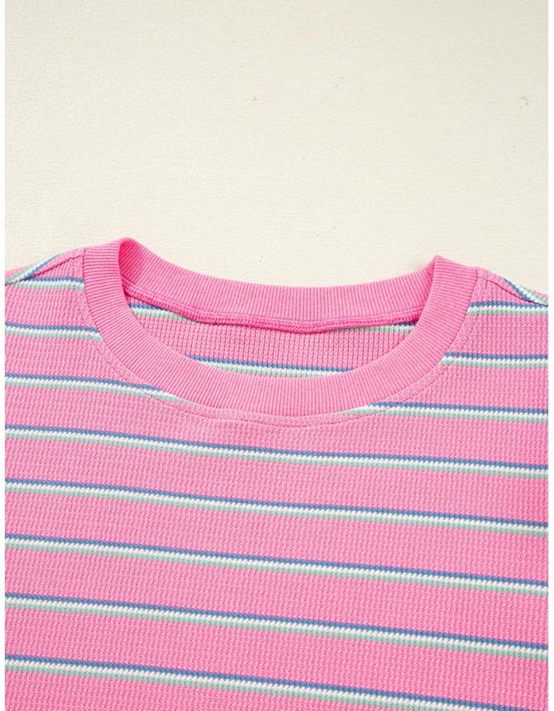 Rose Stripe Textured Knit Round Neck Long Sleeve Top