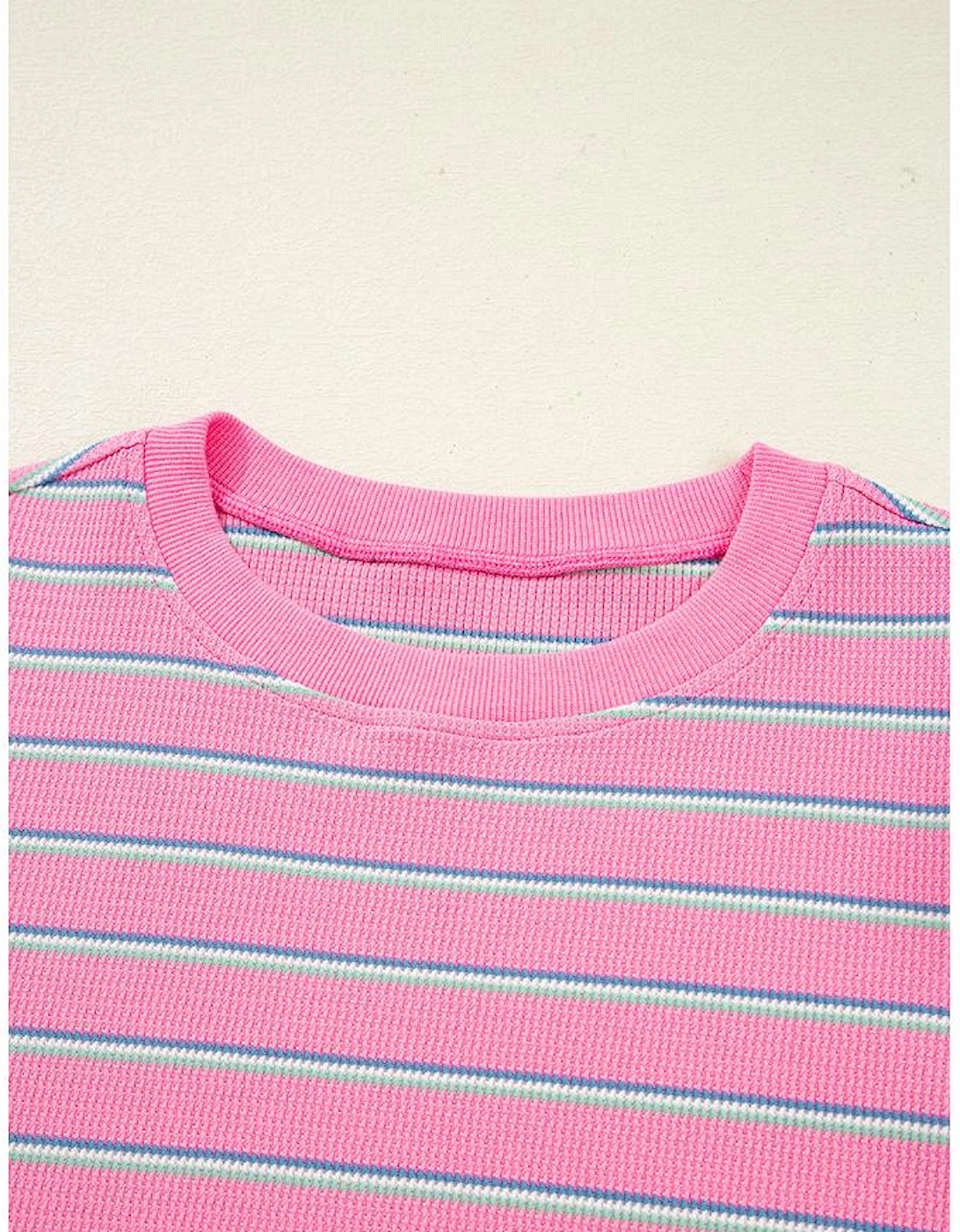 Rose Stripe Textured Knit Round Neck Long Sleeve Top
