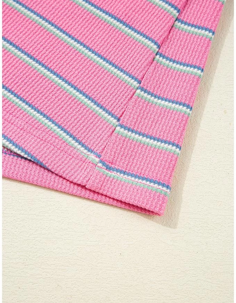 Rose Stripe Textured Knit Round Neck Long Sleeve Top