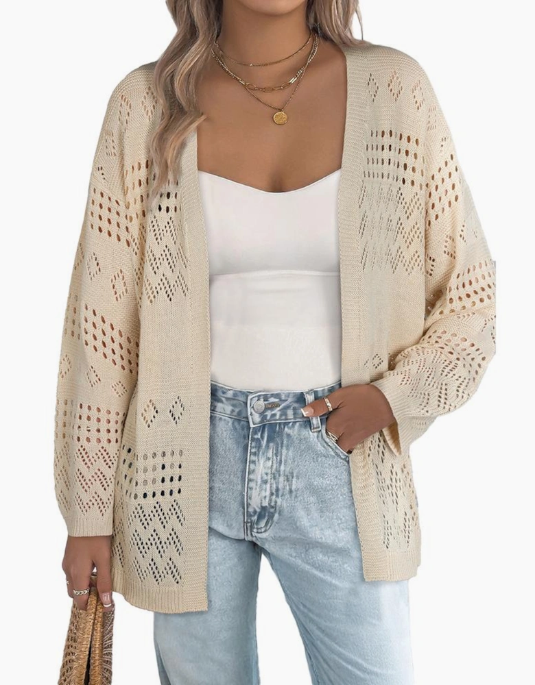 Smoke Gray Solid Color Hollowed Knit Open Front Cardigan Sweater