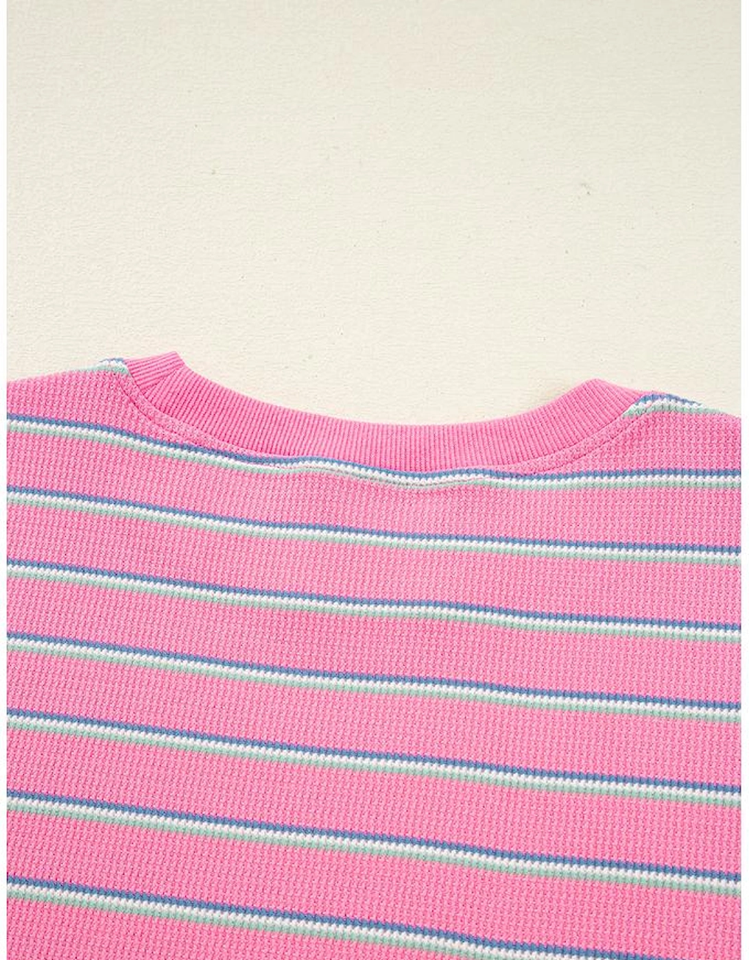 Rose Stripe Textured Knit Round Neck Long Sleeve Top