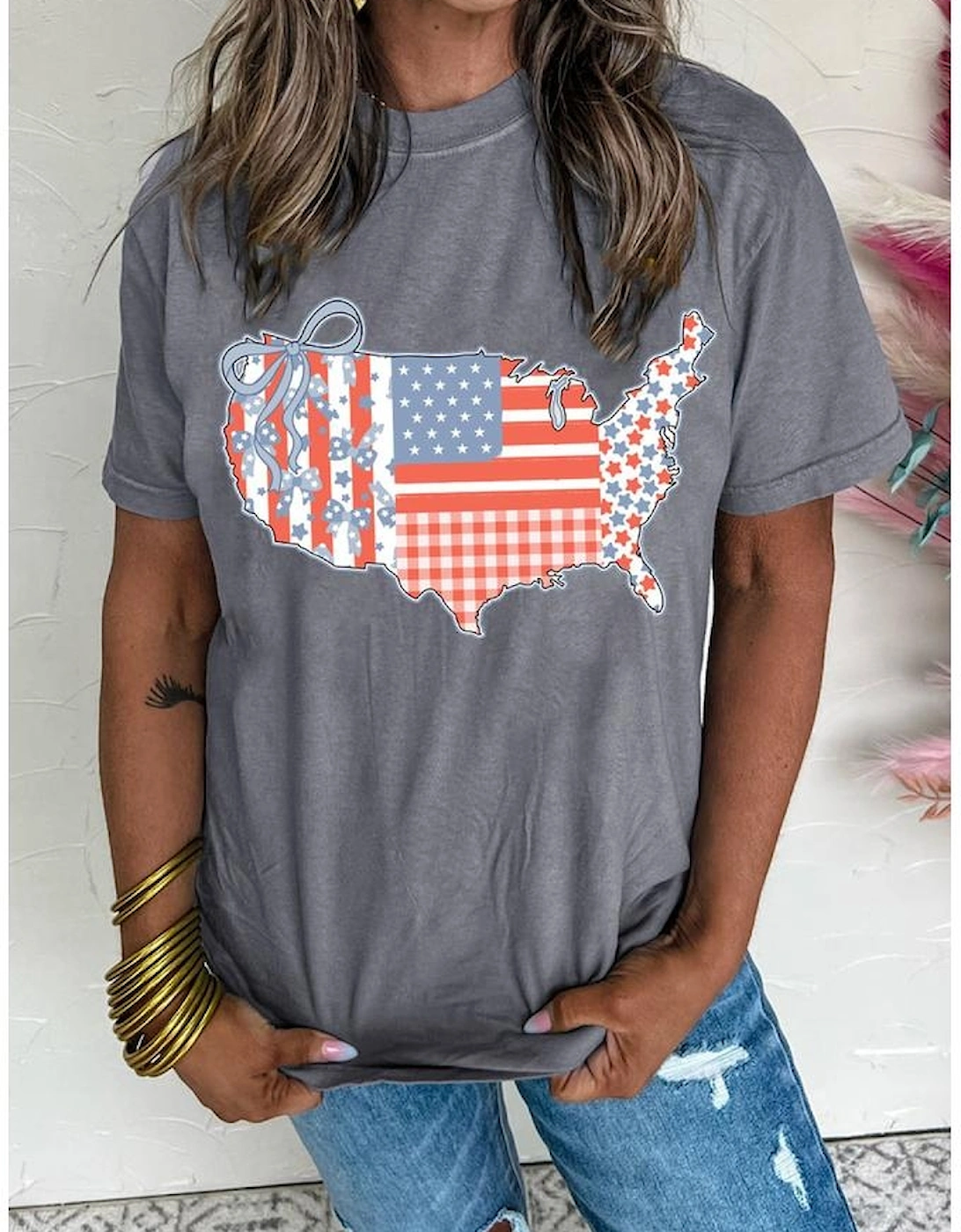 Gray American Flag Bow Map Graphic Tee