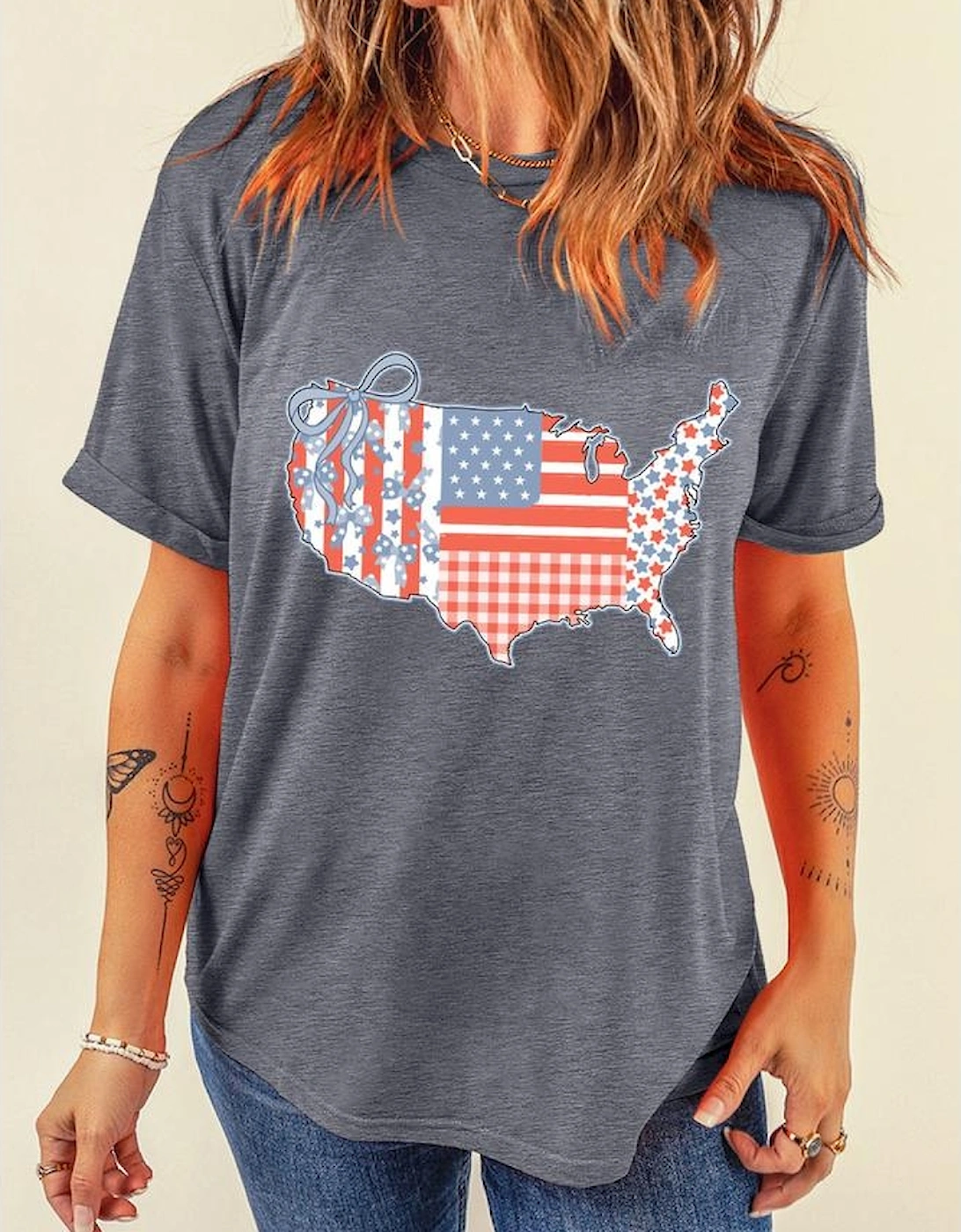 Gray American Flag Bow Map Graphic Tee