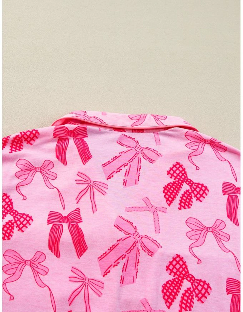Pink Bow Knot Print Lapel Collar Short Sleeve and Pants Pajamas Set