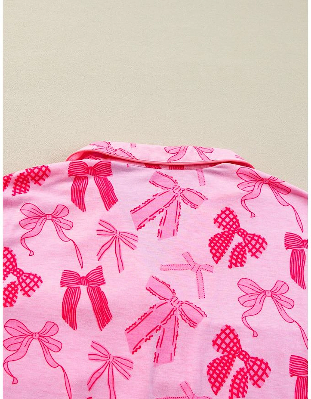 Pink Bow Knot Print Lapel Collar Short Sleeve and Pants Pajamas Set, 16 of 15