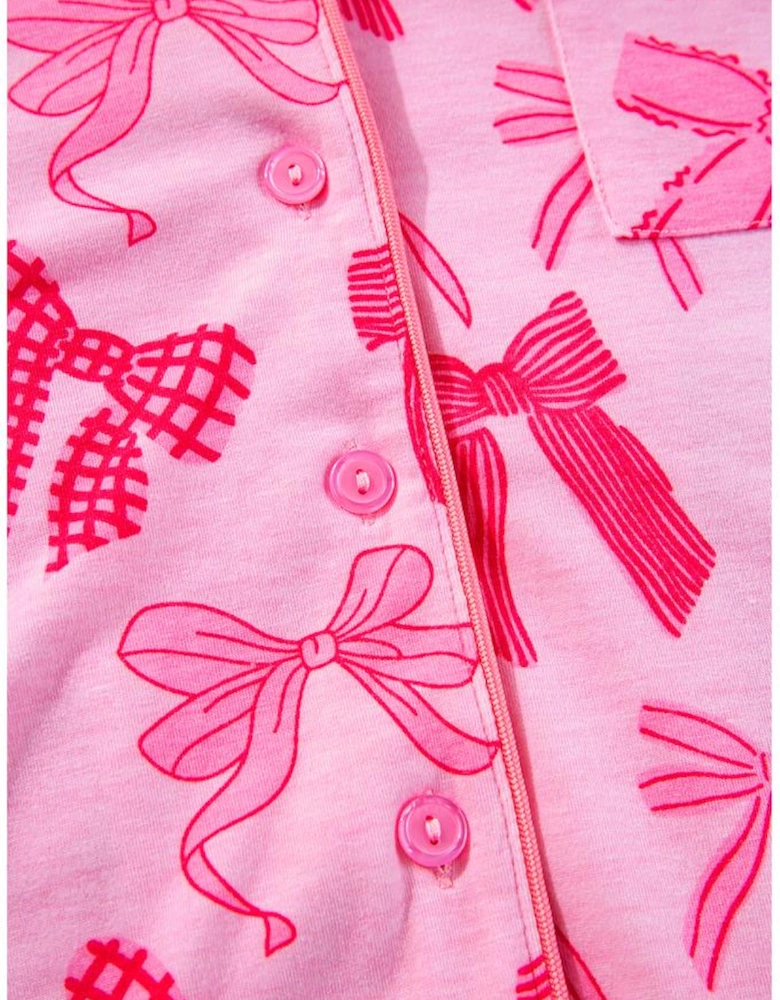 Pink Bow Knot Print Lapel Collar Short Sleeve and Pants Pajamas Set
