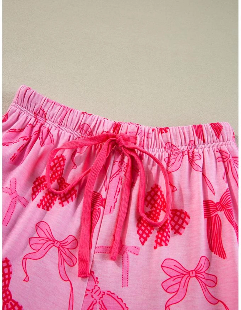 Pink Bow Knot Print Lapel Collar Short Sleeve and Pants Pajamas Set