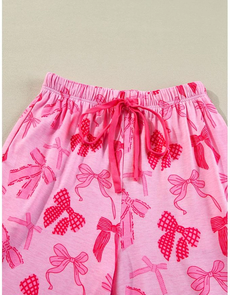 Pink Bow Knot Print Lapel Collar Short Sleeve and Pants Pajamas Set