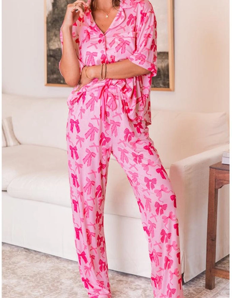 Pink Bow Knot Print Lapel Collar Short Sleeve and Pants Pajamas Set