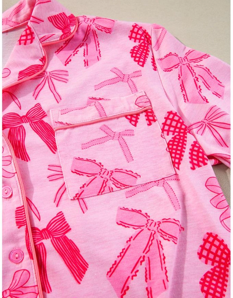 Pink Bow Knot Print Lapel Collar Short Sleeve and Pants Pajamas Set