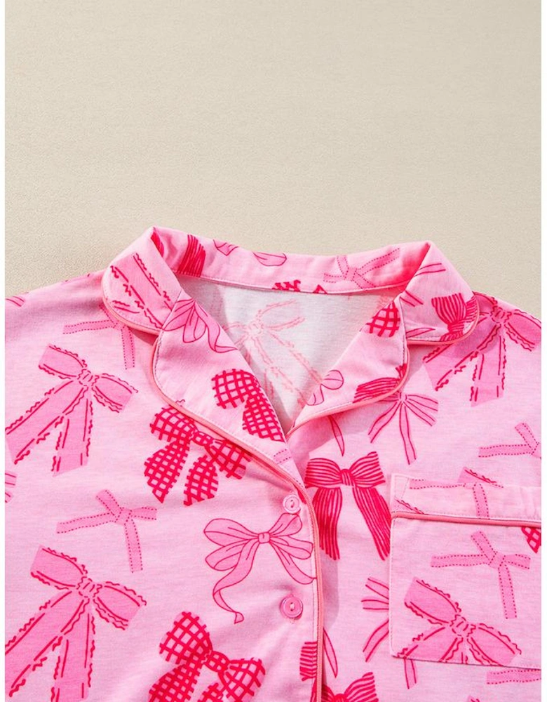Pink Bow Knot Print Lapel Collar Short Sleeve and Pants Pajamas Set