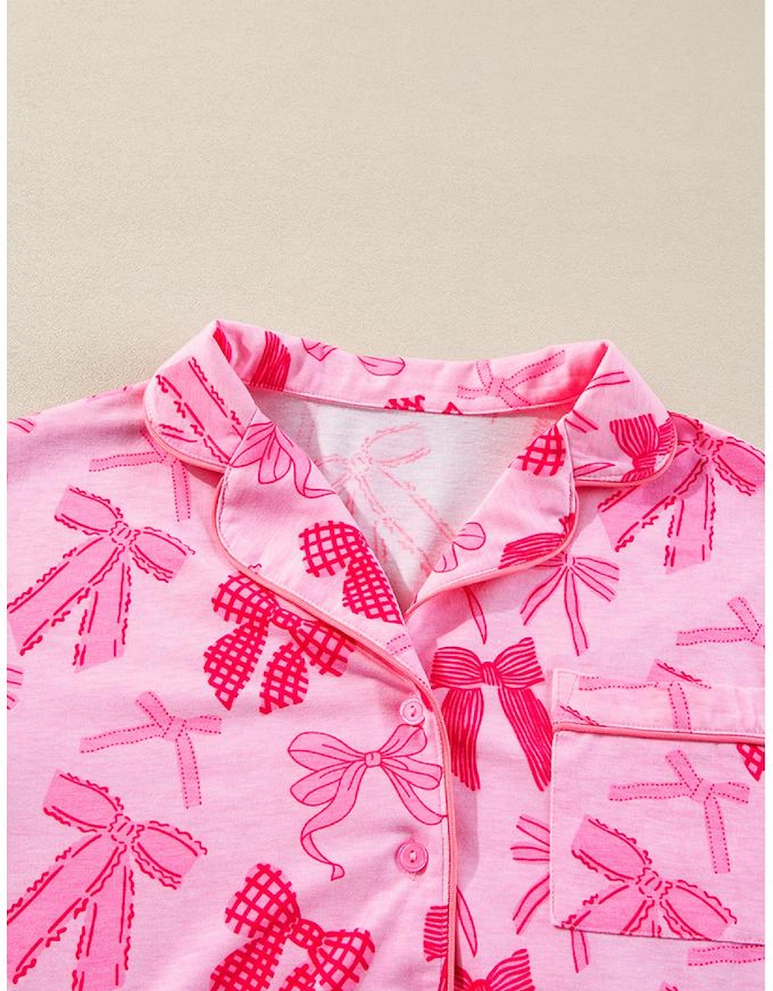 Pink Bow Knot Print Lapel Collar Short Sleeve and Pants Pajamas Set