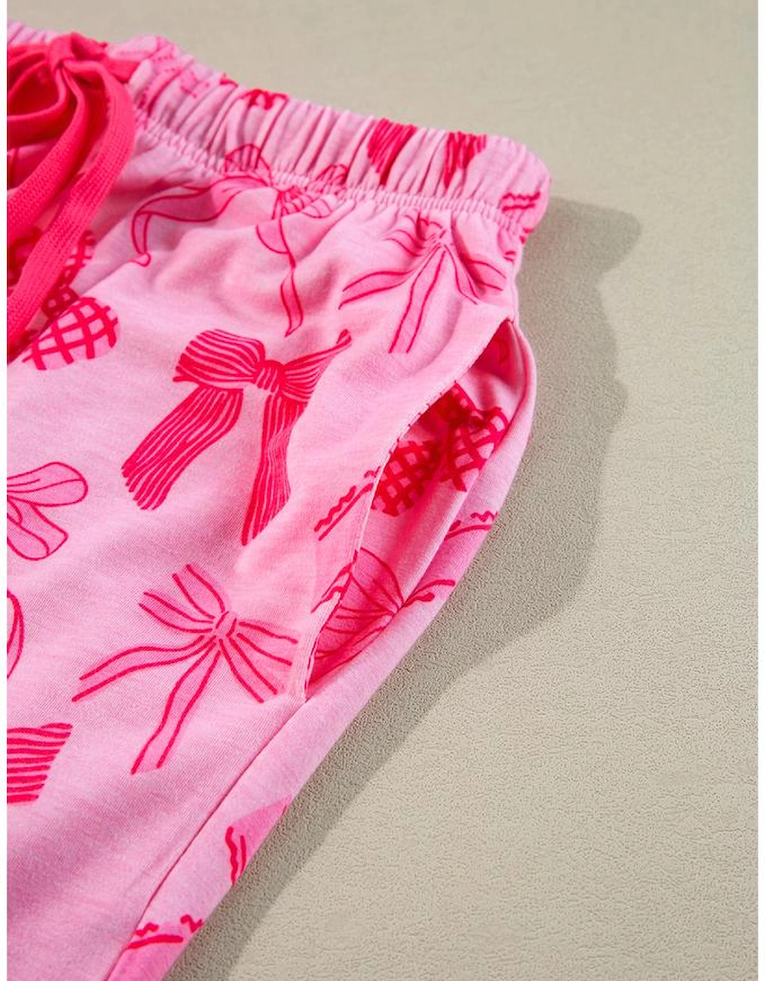 Pink Bow Knot Print Lapel Collar Short Sleeve and Pants Pajamas Set