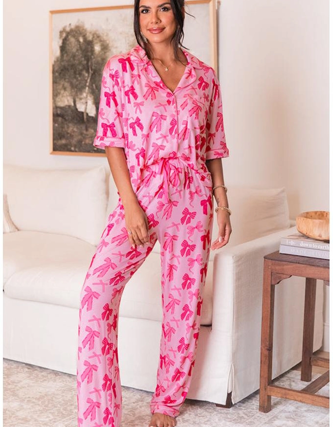 Pink Bow Knot Print Lapel Collar Short Sleeve and Pants Pajamas Set