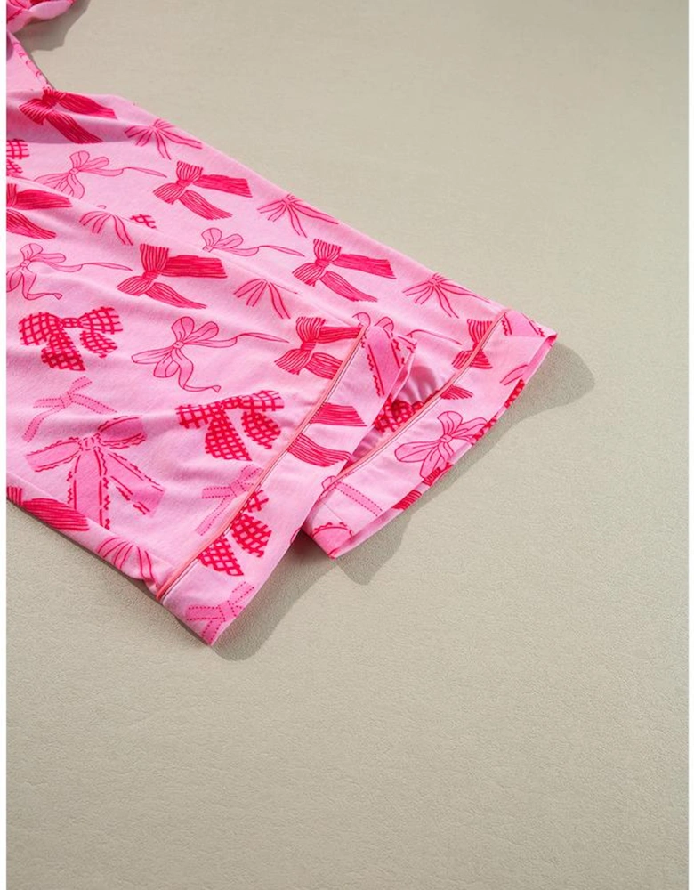 Pink Bow Knot Print Lapel Collar Short Sleeve and Pants Pajamas Set