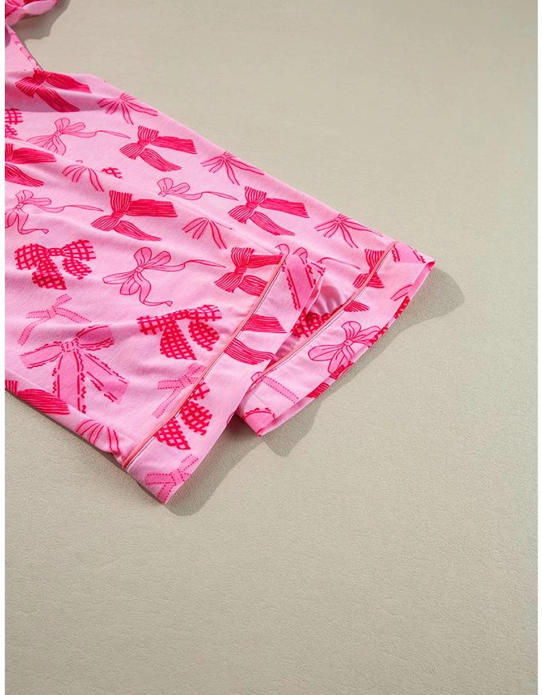 Pink Bow Knot Print Lapel Collar Short Sleeve and Pants Pajamas Set