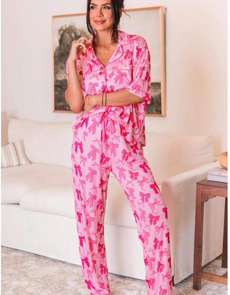 Pink Bow Knot Print Lapel Collar Short Sleeve and Pants Pajamas Set