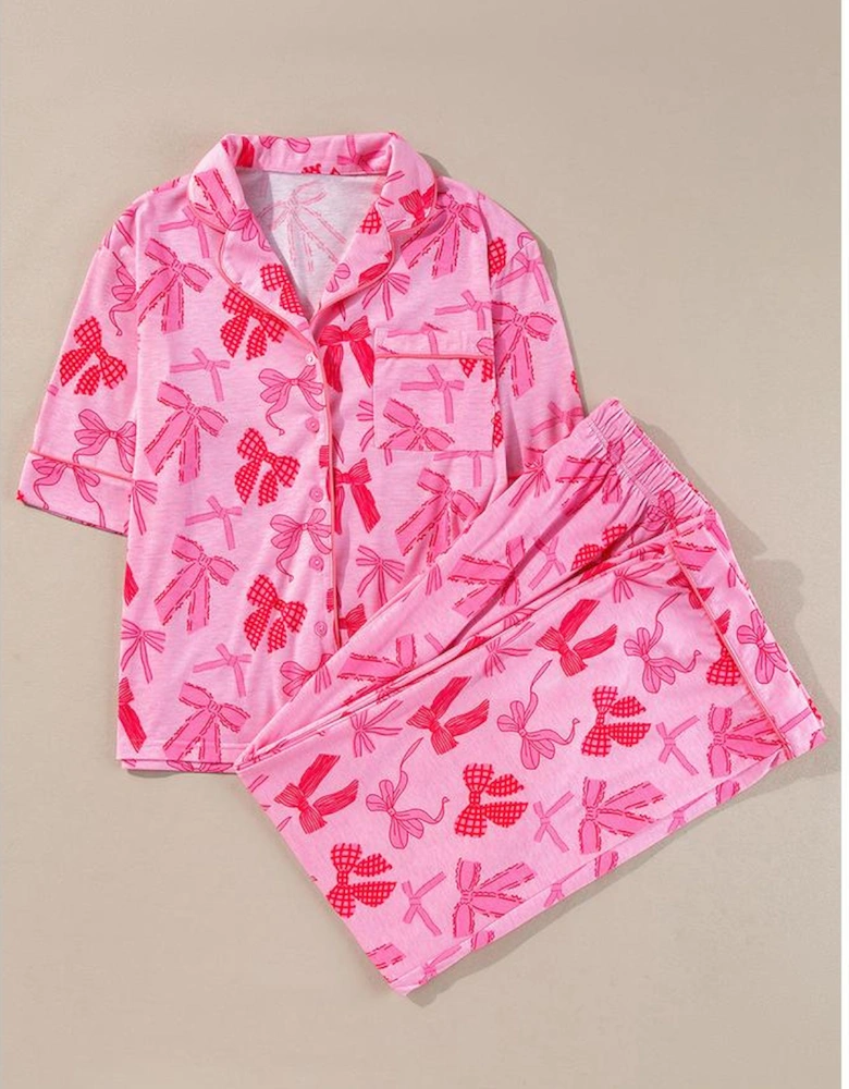 Pink Bow Knot Print Lapel Collar Short Sleeve and Pants Pajamas Set