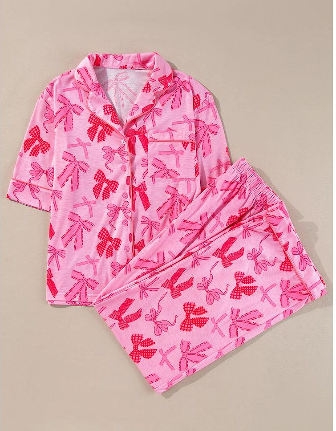 Pink Bow Knot Print Lapel Collar Short Sleeve and Pants Pajamas Set