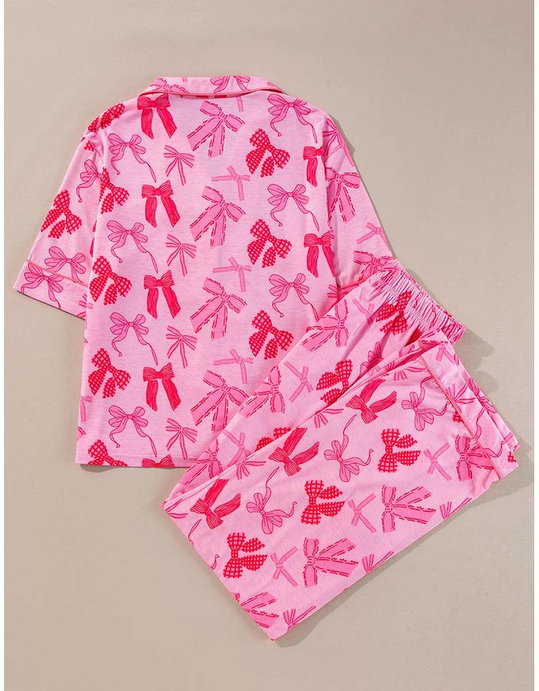 Pink Bow Knot Print Lapel Collar Short Sleeve and Pants Pajamas Set