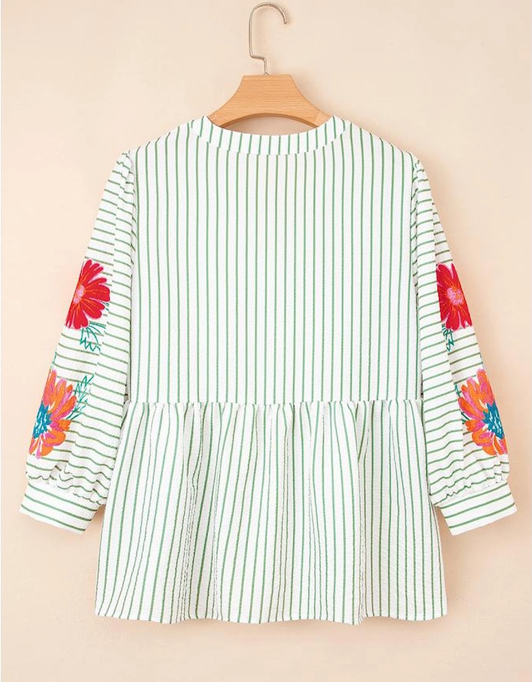 Green Stripe Flower Puff Sleeve Notched V Neck Babydoll Blouse