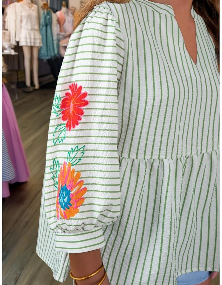 Green Stripe Flower Puff Sleeve Notched V Neck Babydoll Blouse