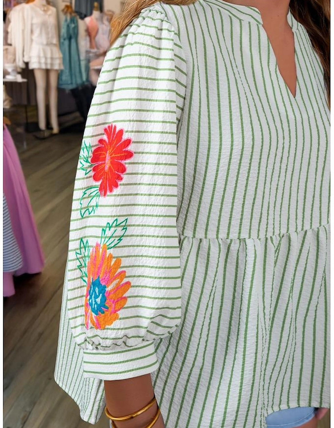 Green Stripe Flower Puff Sleeve Notched V Neck Babydoll Blouse, 13 of 12