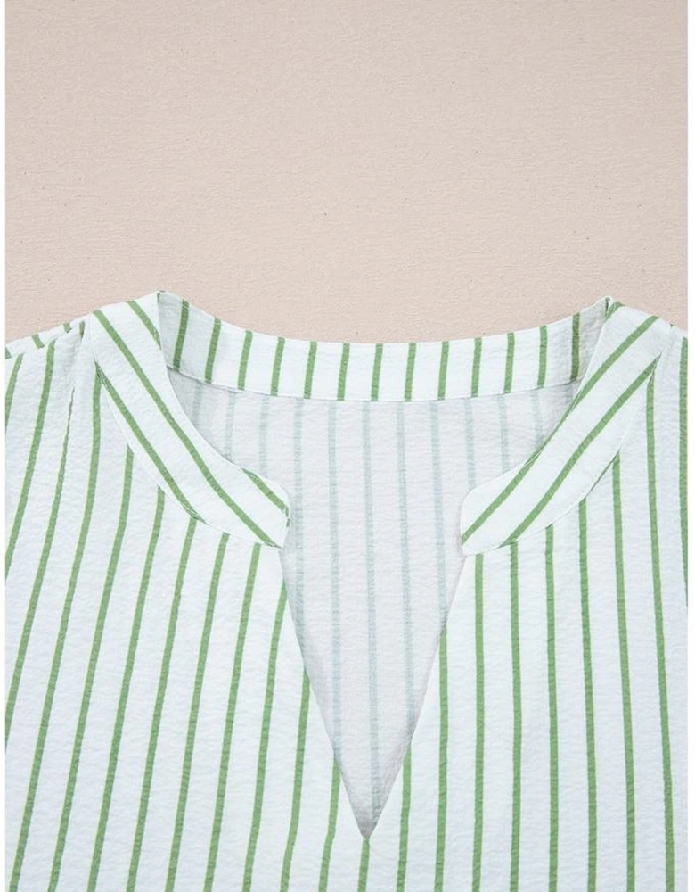 Green Stripe Flower Puff Sleeve Notched V Neck Babydoll Blouse
