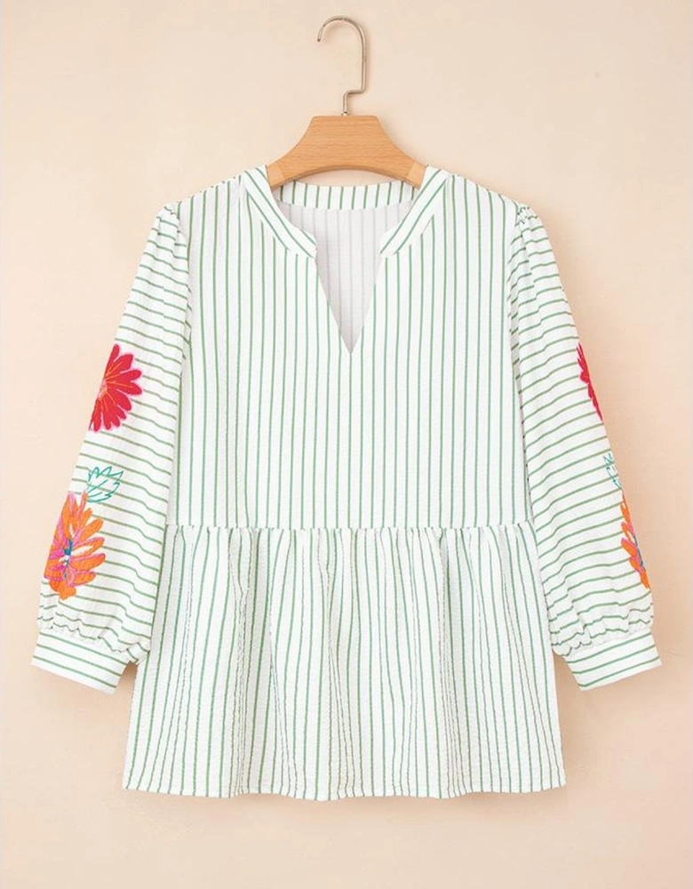 Green Stripe Flower Puff Sleeve Notched V Neck Babydoll Blouse