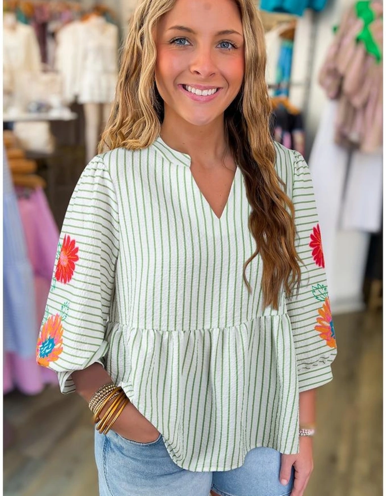 Green Stripe Flower Puff Sleeve Notched V Neck Babydoll Blouse