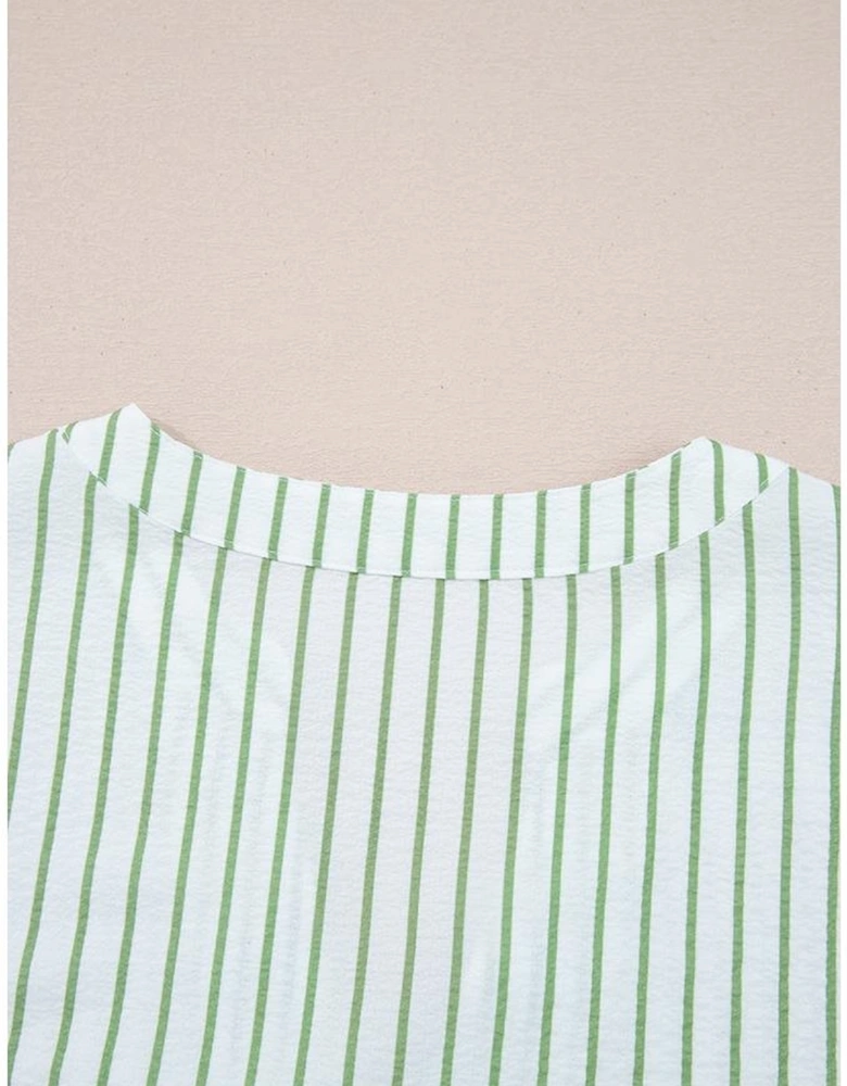 Green Stripe Flower Puff Sleeve Notched V Neck Babydoll Blouse