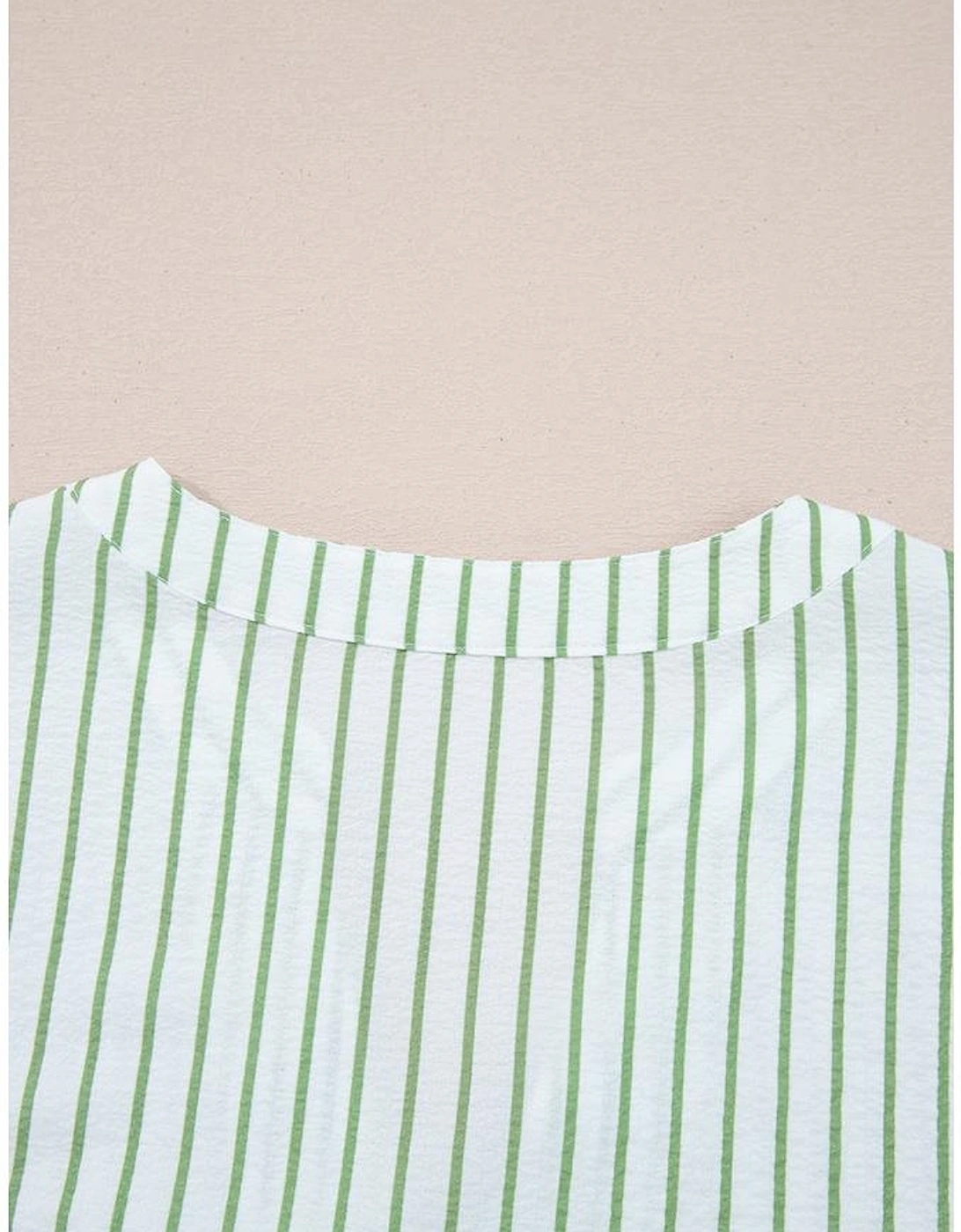 Green Stripe Flower Puff Sleeve Notched V Neck Babydoll Blouse