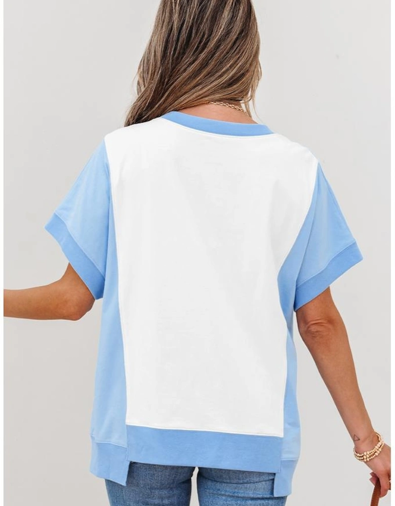 Sky Blue Star Plaid Flower USA Graphic Color Block Crewneck T Shirt