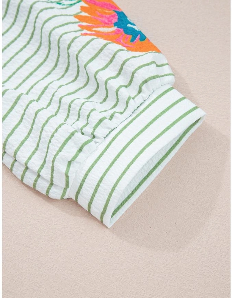 Green Stripe Flower Puff Sleeve Notched V Neck Babydoll Blouse