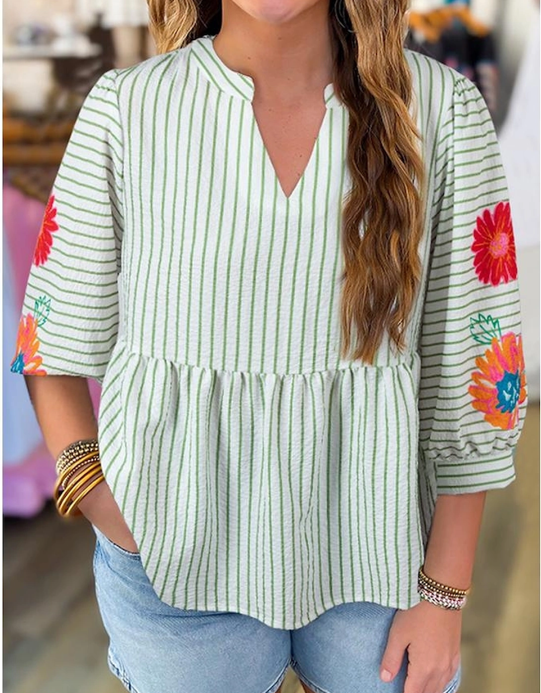 Green Stripe Flower Puff Sleeve Notched V Neck Babydoll Blouse