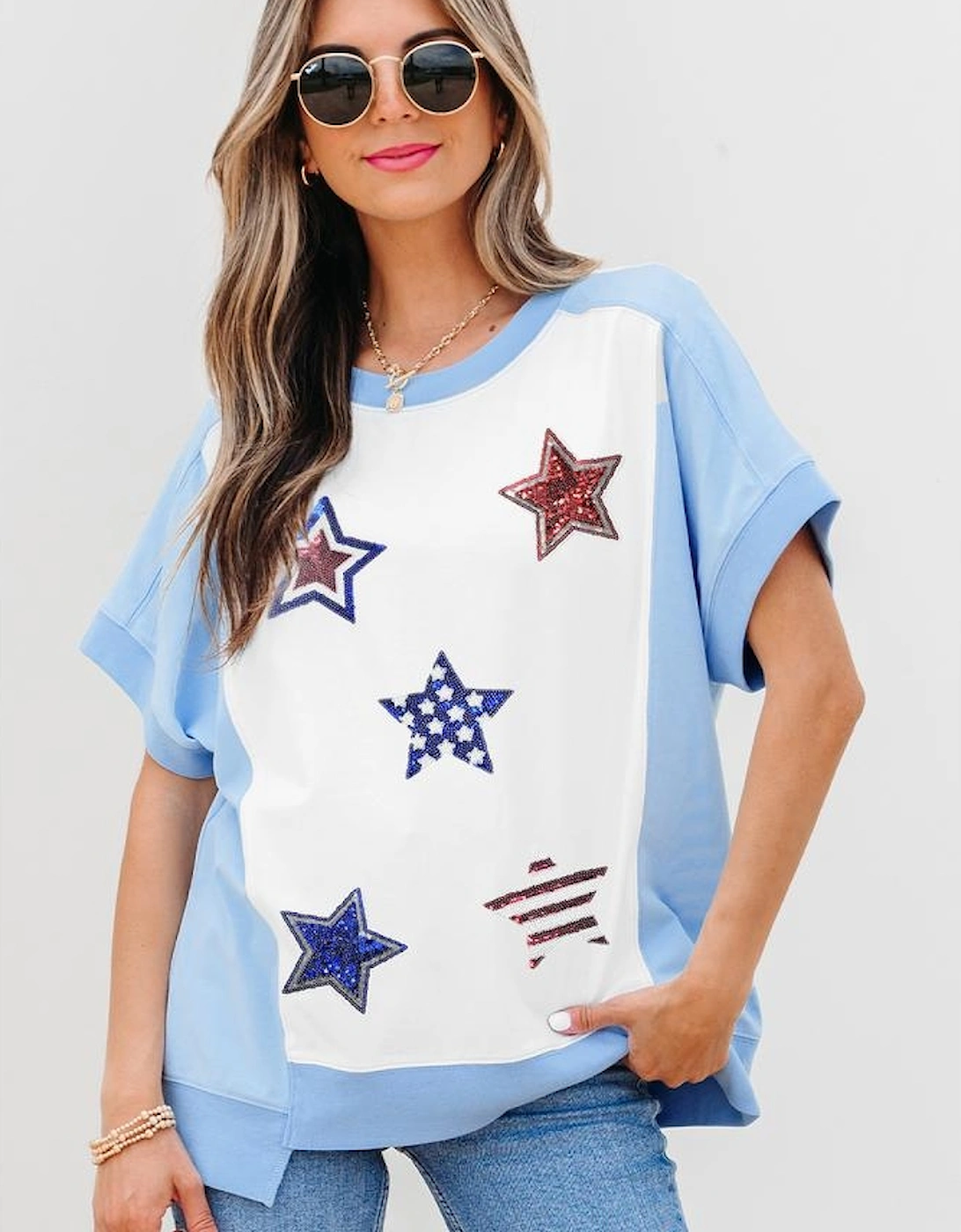Sky Blue Patriotic Star Patched Colorblock T Shirt