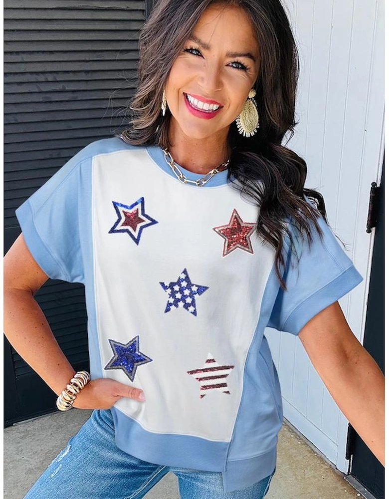 Sky Blue Patriotic Star Patched Colorblock T Shirt