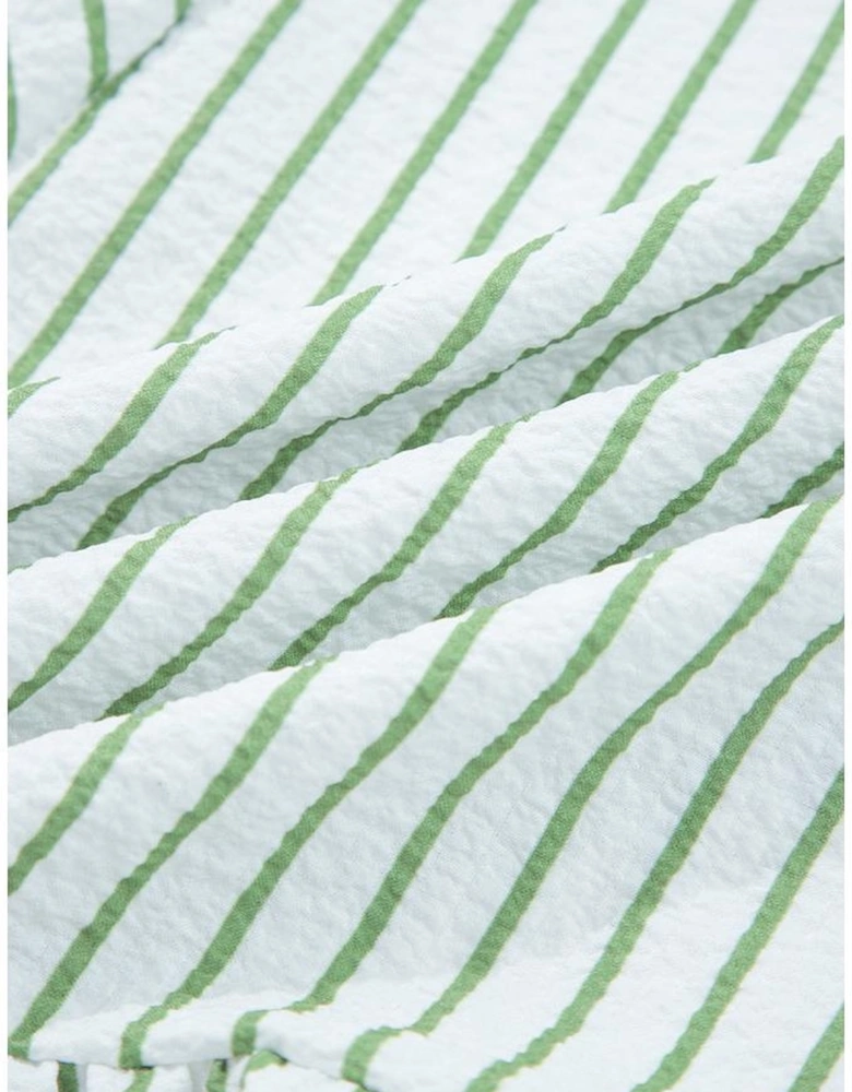 Green Stripe Flower Puff Sleeve Notched V Neck Babydoll Blouse