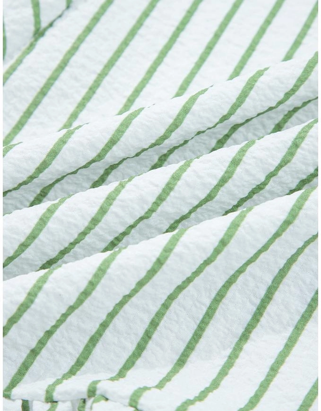 Green Stripe Flower Puff Sleeve Notched V Neck Babydoll Blouse