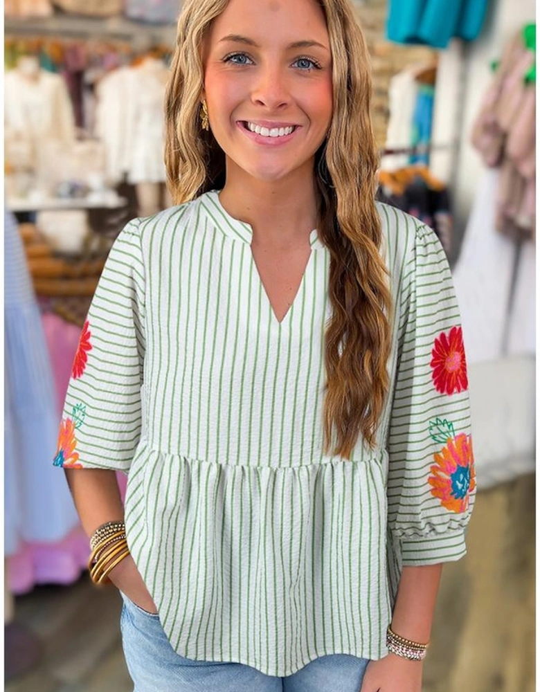 Green Stripe Flower Puff Sleeve Notched V Neck Babydoll Blouse