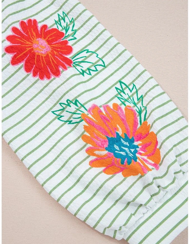 Green Stripe Flower Puff Sleeve Notched V Neck Babydoll Blouse