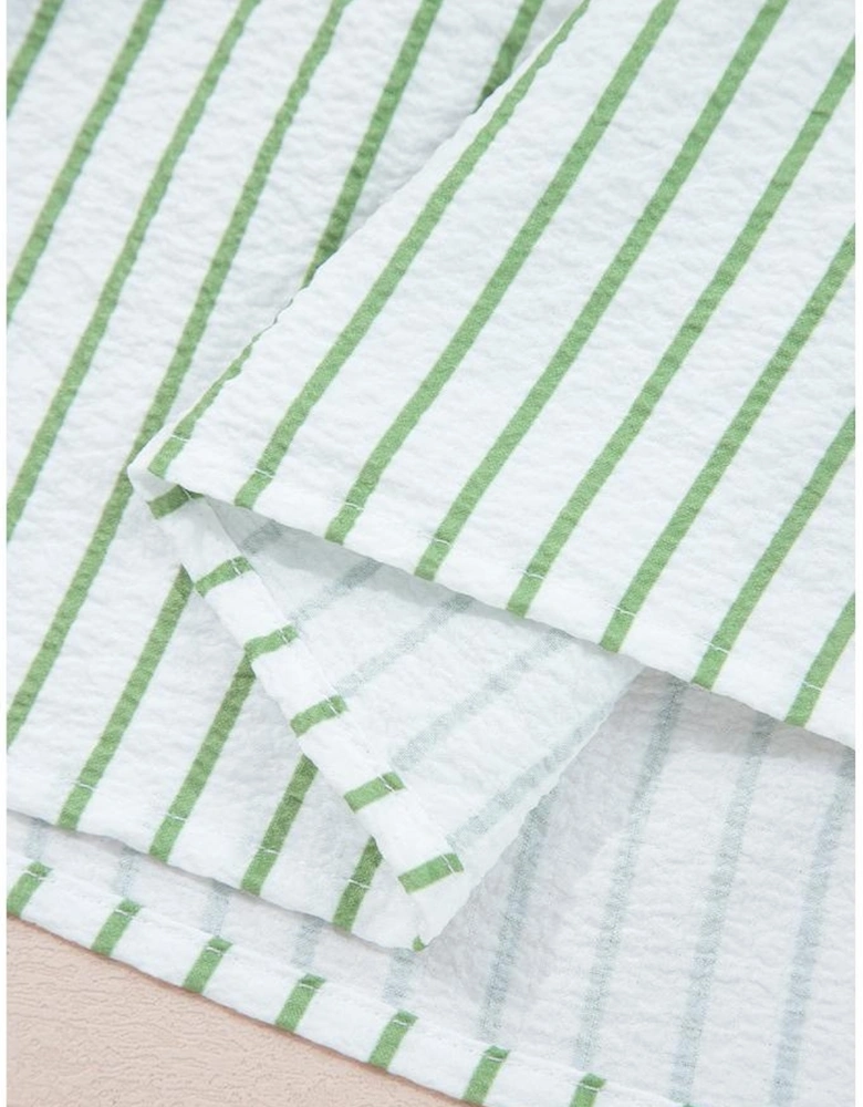 Green Stripe Flower Puff Sleeve Notched V Neck Babydoll Blouse