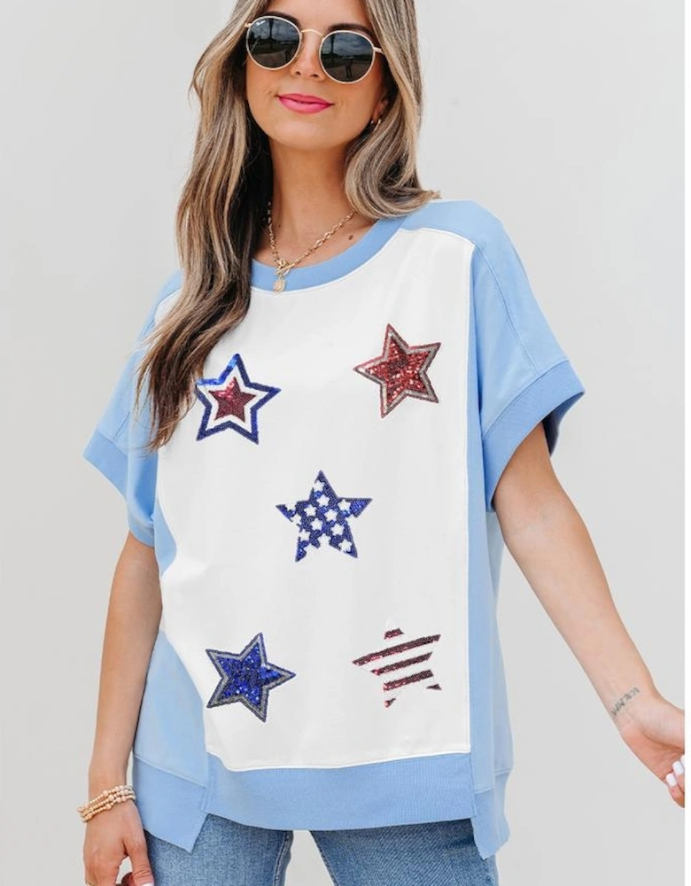 Sky Blue Patriotic Star Patched Colorblock T Shirt
