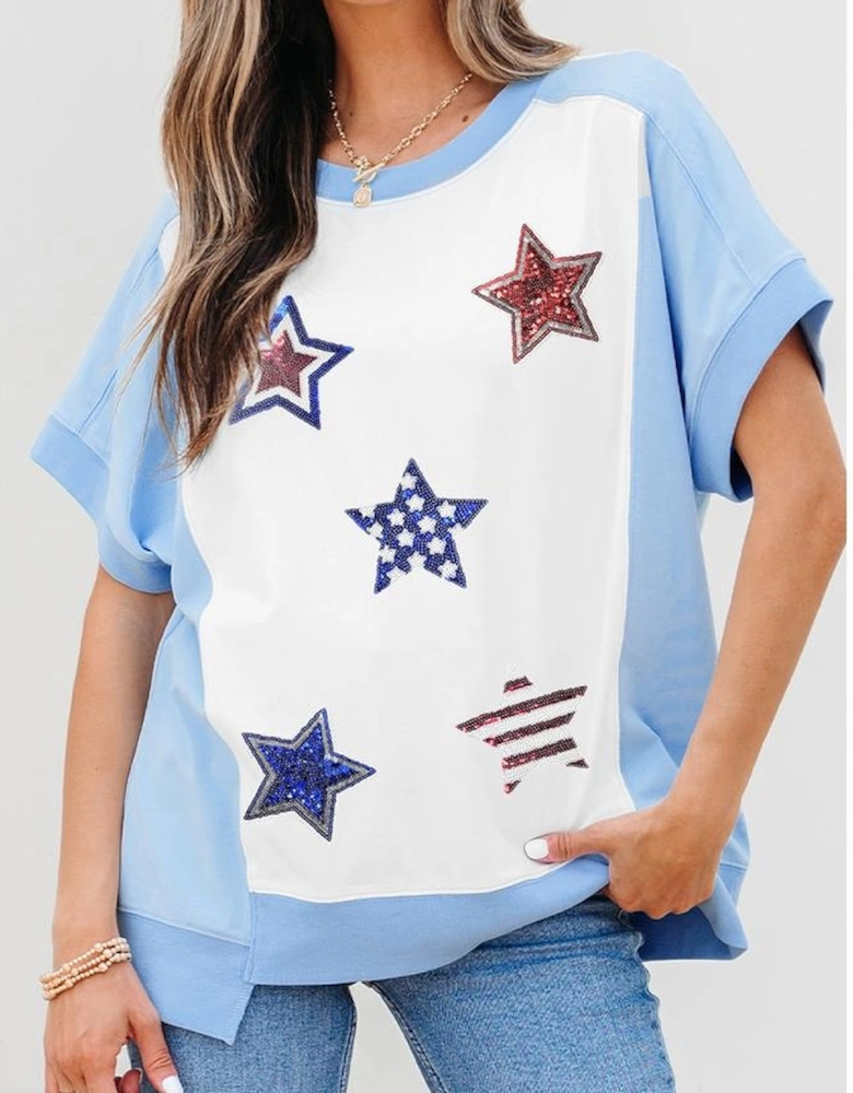 Sky Blue Patriotic Star Patched Colorblock T Shirt