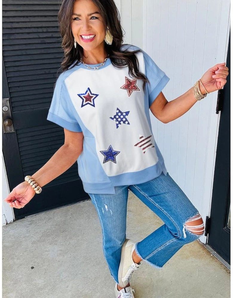 Sky Blue Patriotic Star Patched Colorblock T Shirt