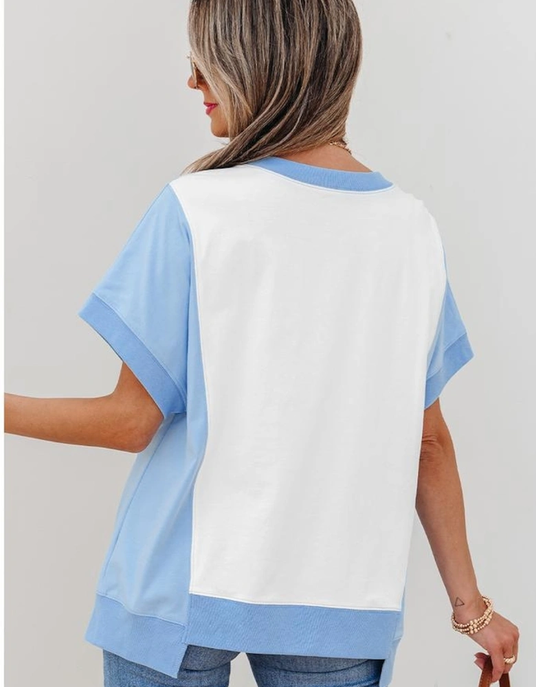 Sky Blue Patriotic Star Patched Colorblock T Shirt