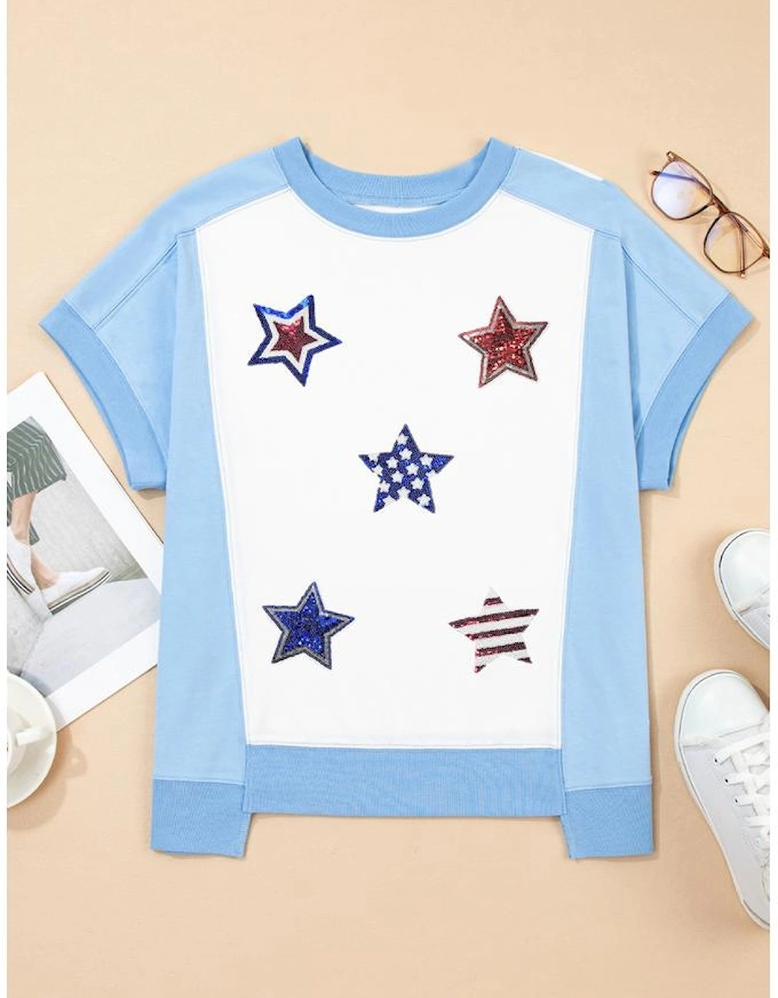 Sky Blue Patriotic Star Patched Colorblock T Shirt