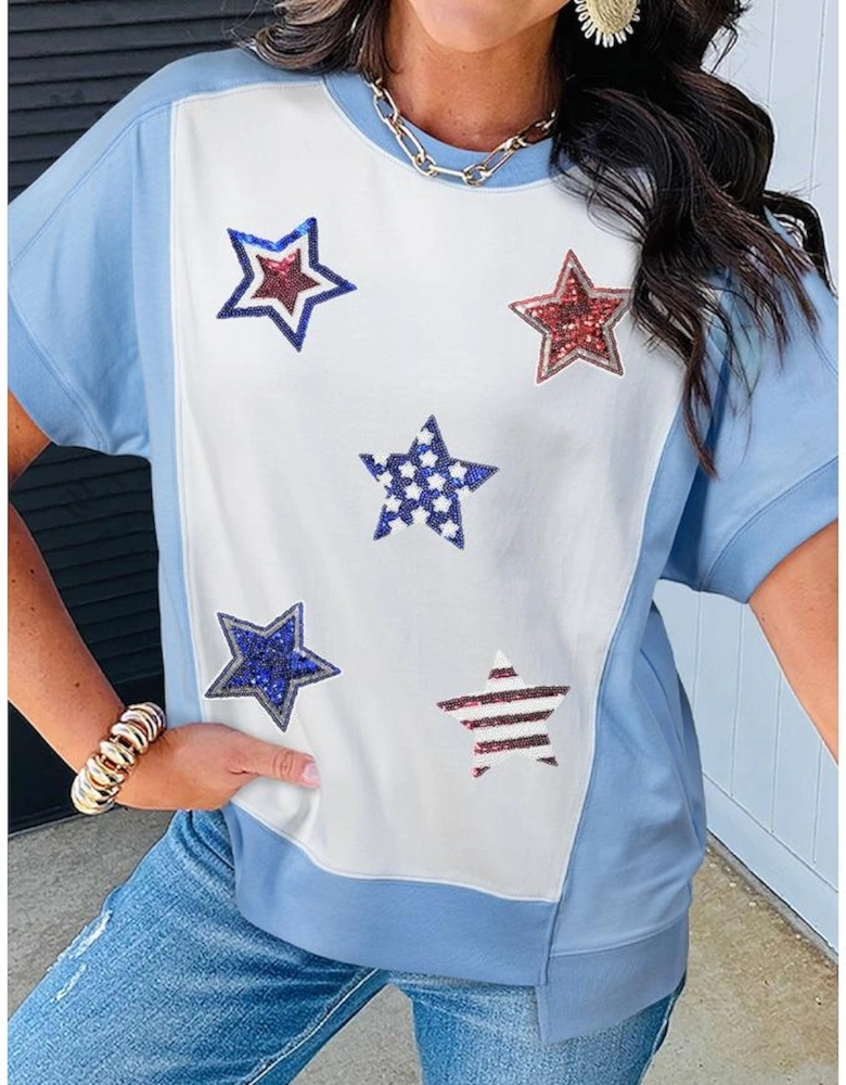 Sky Blue Patriotic Star Patched Colorblock T Shirt